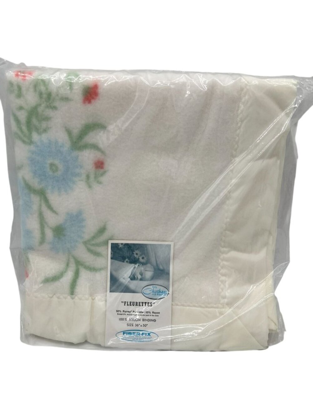 Vintage Baby Chatham Fleurettes Blanket Satin Trim Cream Pink Blue Floral NEW